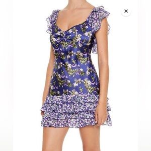For Love & Lemons Purple Floral Satin Ruffle Mini Dress